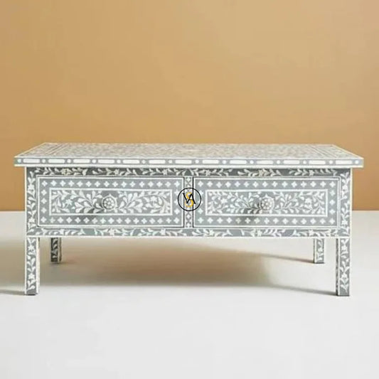 Bone Inlay Floral Coffee Table With Drawer - Gray Coffee Table for Living Room