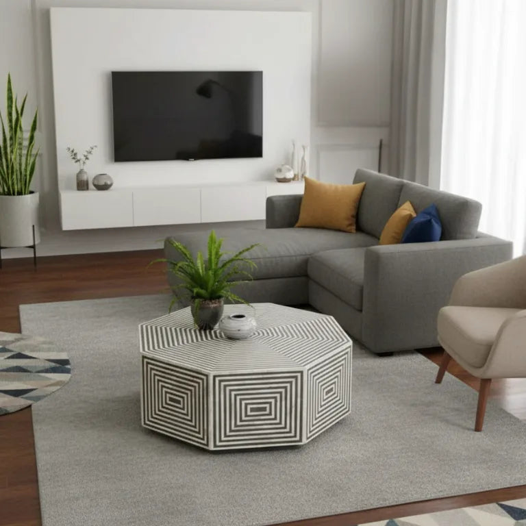 Bone Inlay Hexagonal Black Coffee Table in modern living room