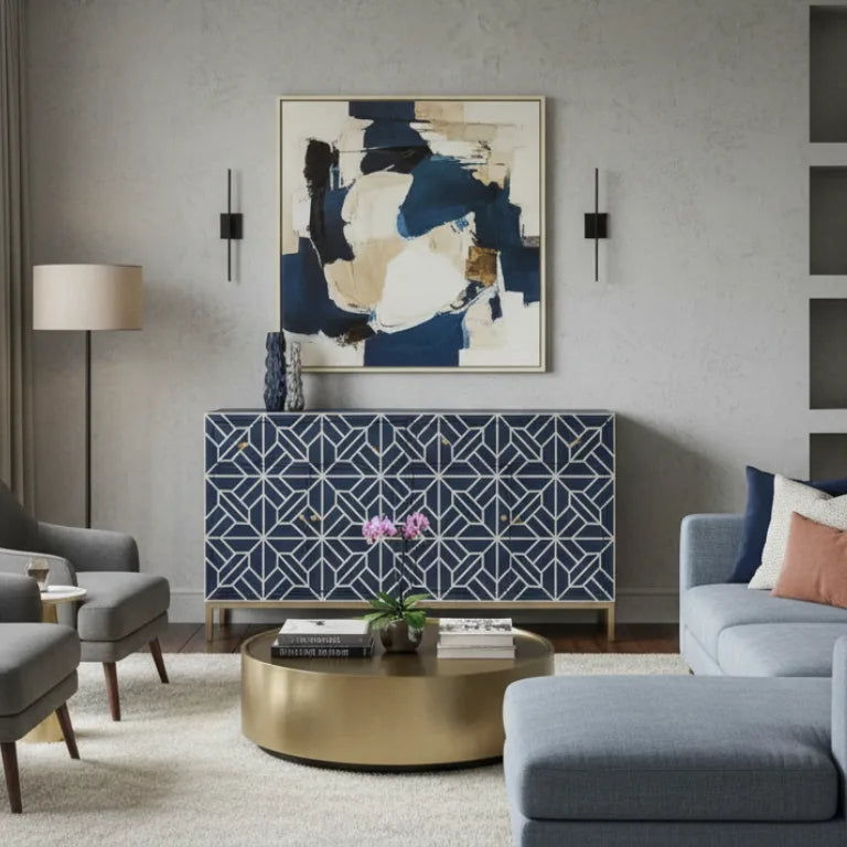 Bone Inlay Iberia Design Sideboard Cabinet in modern living room with abstract art, brass coffee table, and gray sofa.