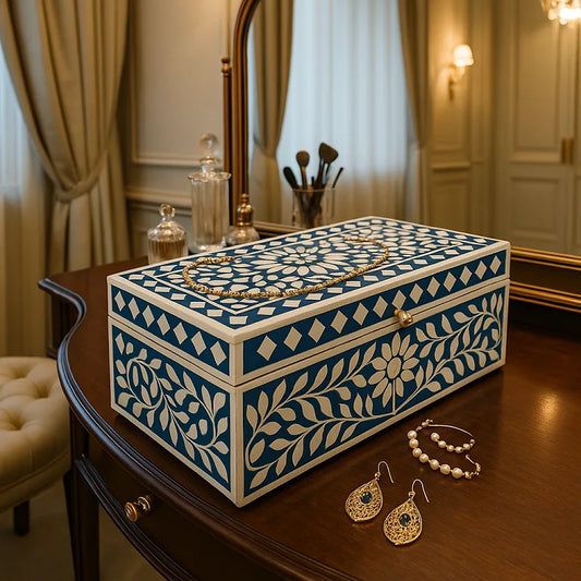 Decorative jewelry box with floral patterns on a wooden table, surrounded by jewelry in a elegant room.