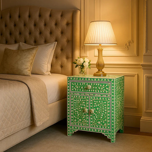 Green bone inlay cabinet styled as a bedside table with lamp and roses in a luxury bedroom