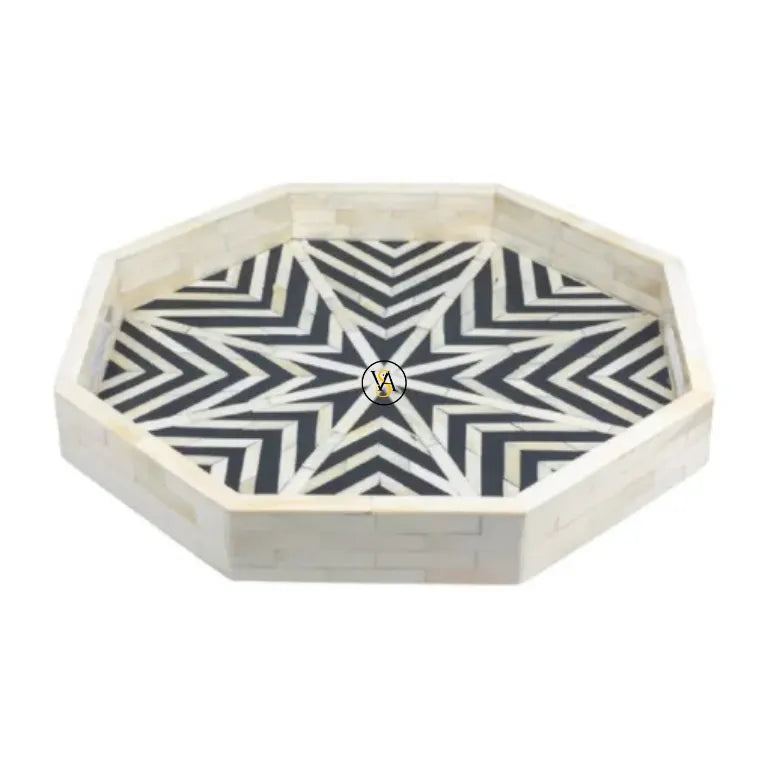 Handmade Bone Inlay Octagon Tray Black & White front view