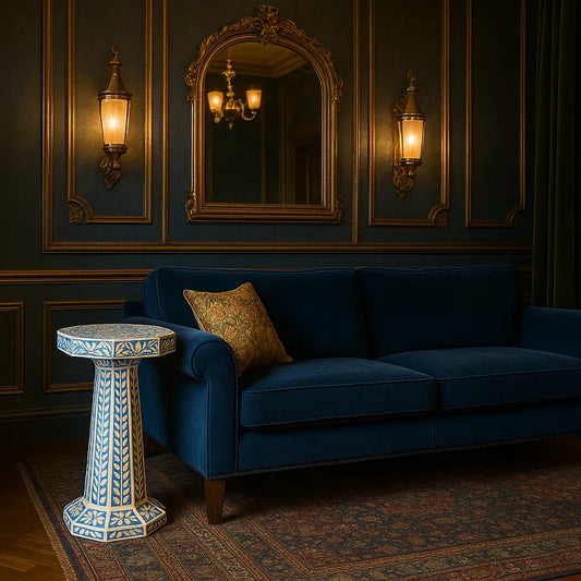 Bone inlay pedestal side table next to blue velvet couch in a classic luxury interior