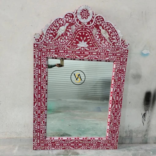 Bone Inlay Pink Mirror with Parrot Design – luxury vanity mirror