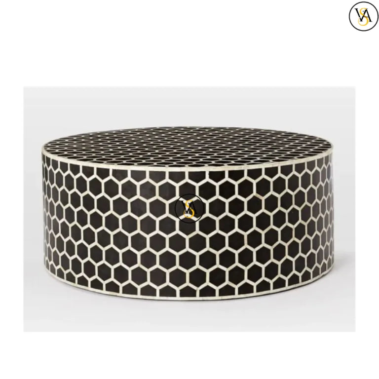Handcrafted Bone Inlay Round Coffee Table with Honeycomb Pattern in Black
