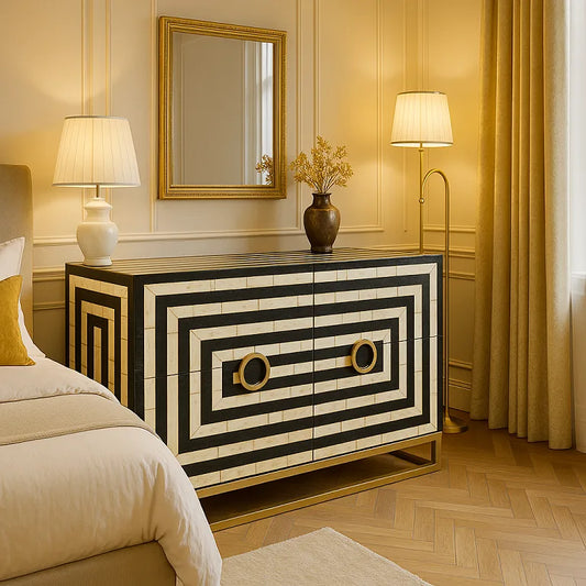 Angled side view of black and white geometric sideboard with brass ring handles in elegant bedroom