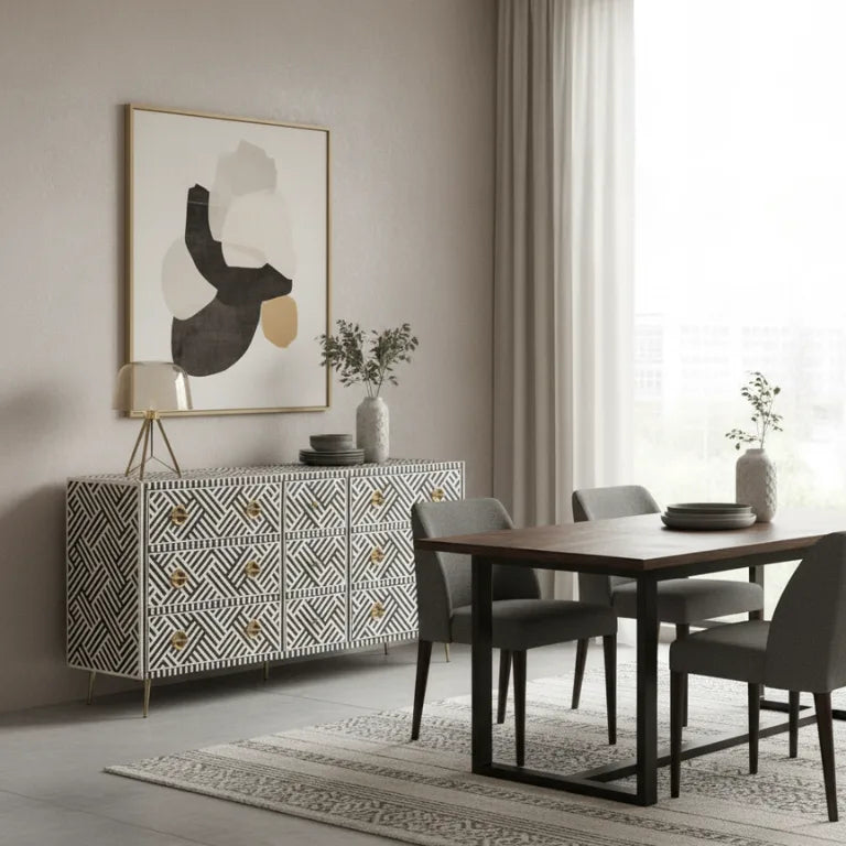 Handmade Bone Inlay Sideboard Buffet Cabinet Black and White in modern dining room with dining table and chairs