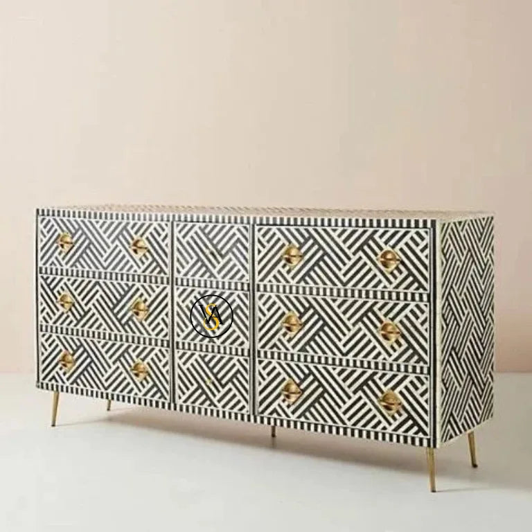 Patterned sideboard buffet with gold accents side view on a plain background 