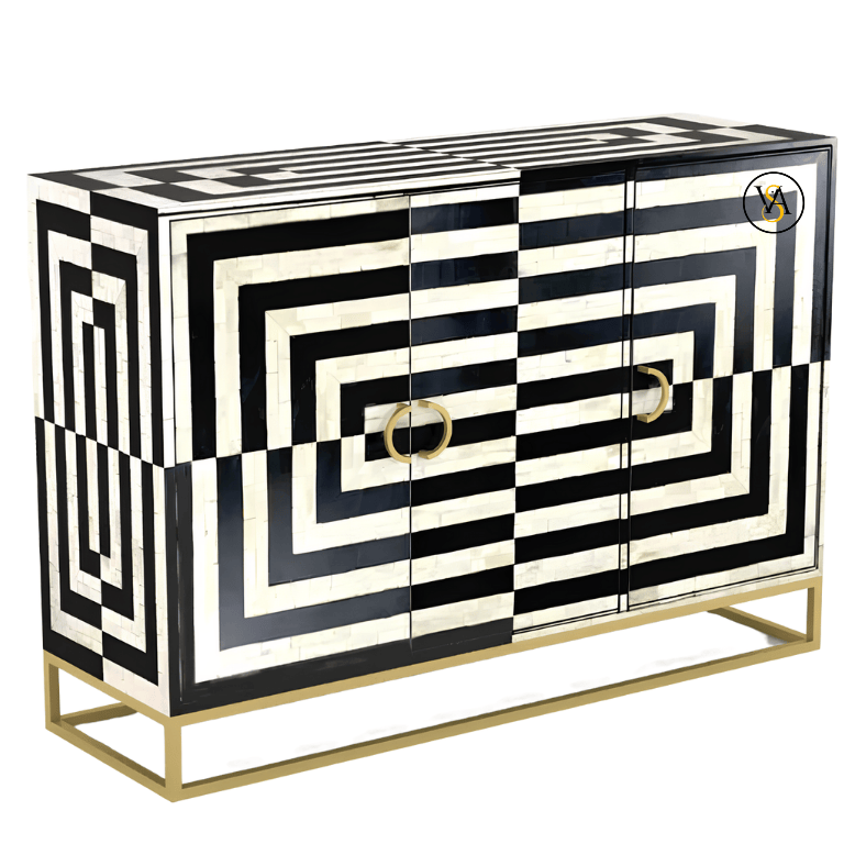 Black and white bone inlay sideboard cabinet with geometric op art design and brass handles
