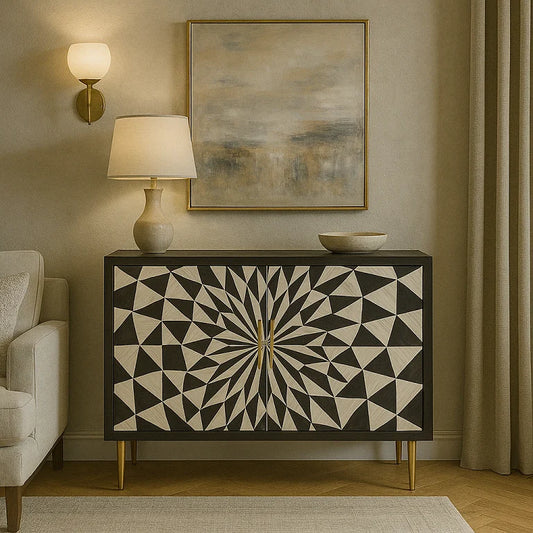 A sideboard with a geometric bone inlay design, featuring a pattern of black and white geometric shapes on the front, set in a room with a lamp, painting, and beige curtains.