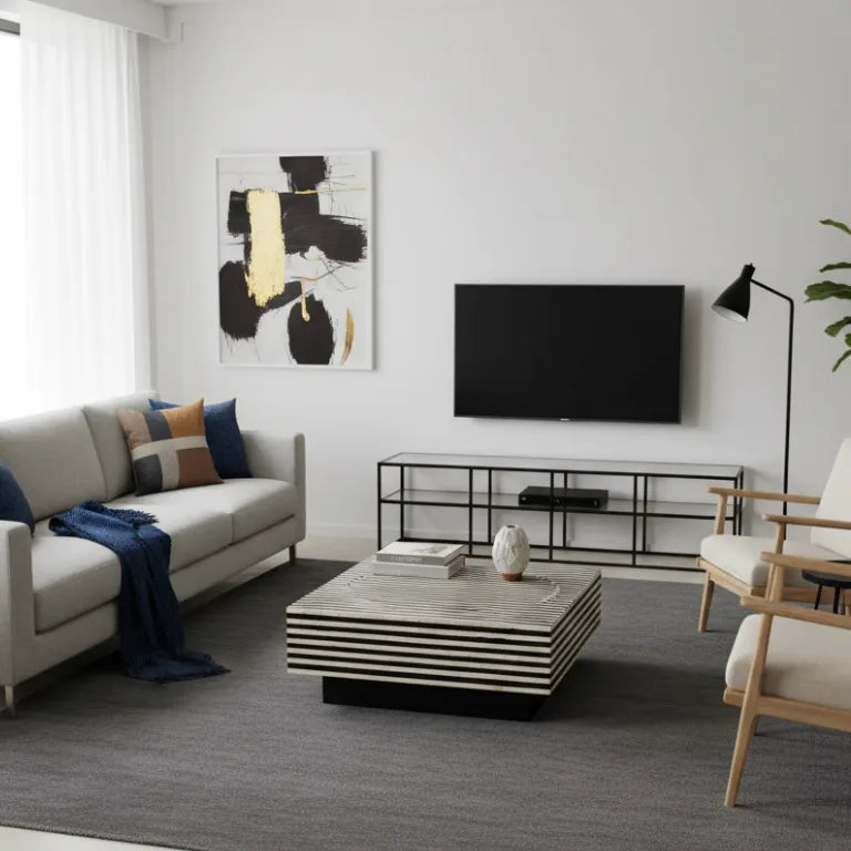 Bone Inlay Square Coffee Table styled in modern living room