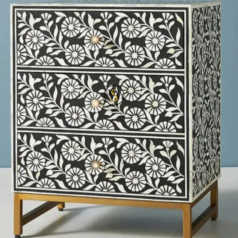 Bone Inlay Sunflora Design Black Bedside Table with Brass Stand