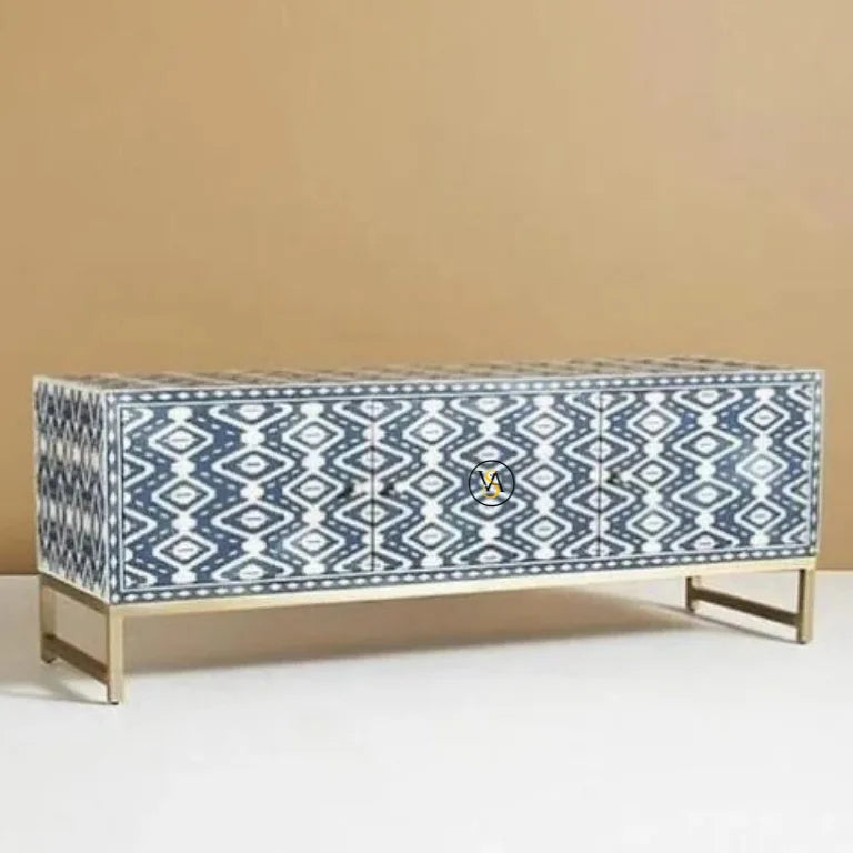 Navy Blue Ikat Bone Inlay Media Console 3 Door Storage