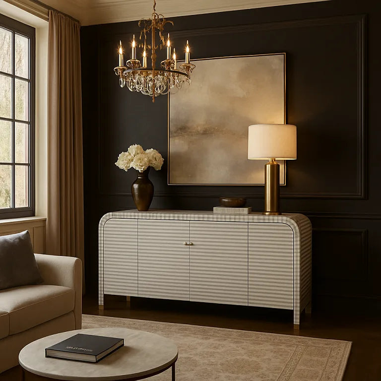 Bone inlay waterfall buffet with striped design placed in a luxurious living room featuring dark walls, a chandelier, and gold decorative accents.