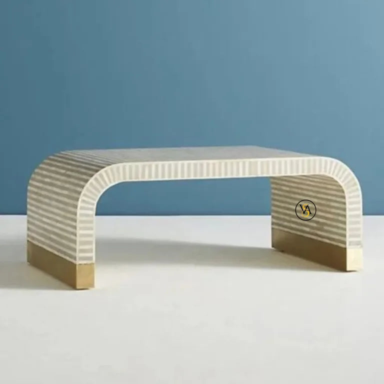 Bone Inlay Waterfall Coffee Table – Front View in Gray with Brass Base