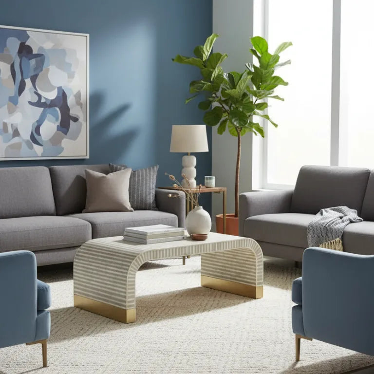 Bone Inlay Waterfall Coffee Table Placed in Modern Living Room Setup