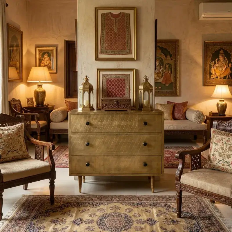 Brass cladding chest of drawers styled in luxury living room interior with wooden chairs, and decorative wall art