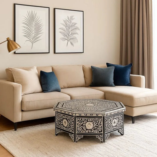 Buy Bone Inlay Coffee Table With Storage – Black Coffee Table With 2 Drawers. Set in Contemporary Living Room Fully Furnished 