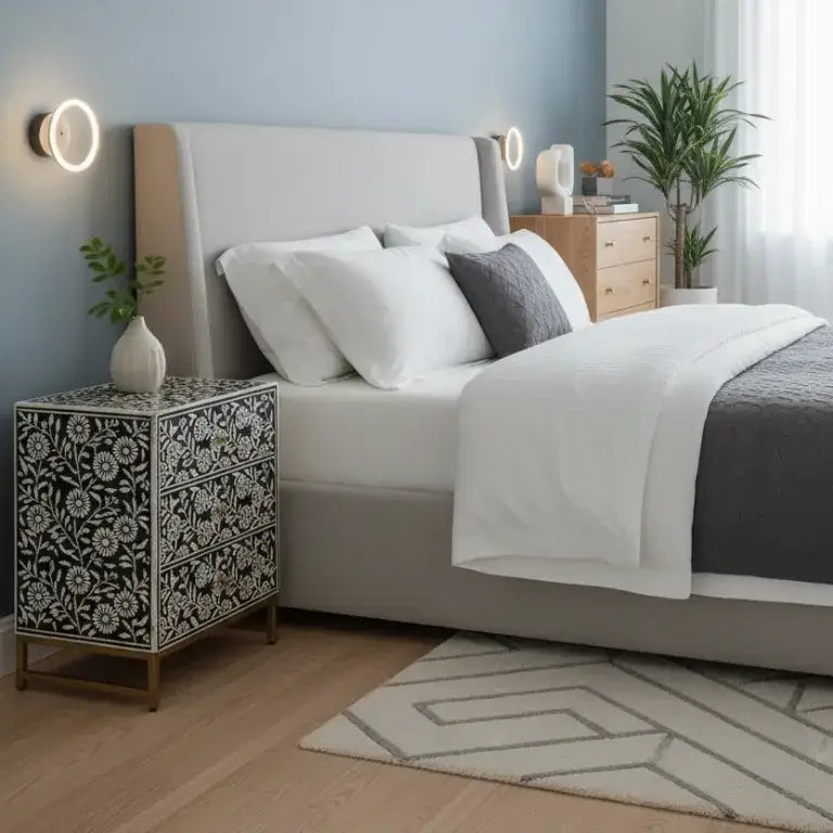 Black Bone Inlay 3 Drawer Nightstand in Modern bedroom with a bed, and decorative elements.