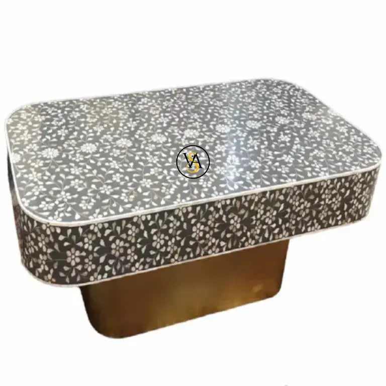 Angle view of Mother of Pearl Coffee Table with brass metal base