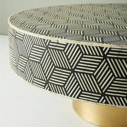Close-up of Handmade Bone Inlay Coffee Table – Geometric Cube Design in Black