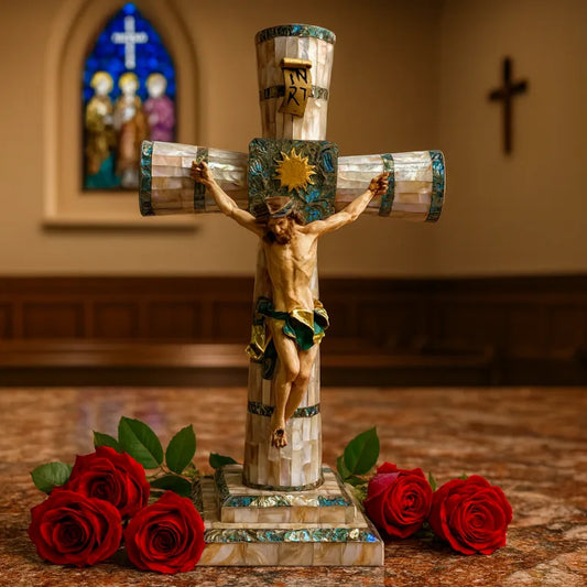 Decorative Mother-of-Pearl Jesus Cross Displayed with Roses in Church Setting