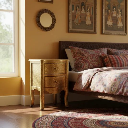 Embossed brass bedside table placed next to bed with patterned bedding, and wall art.