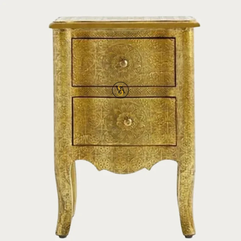 Embossed Brass Cladding Nightstand with 2 Drawers front view