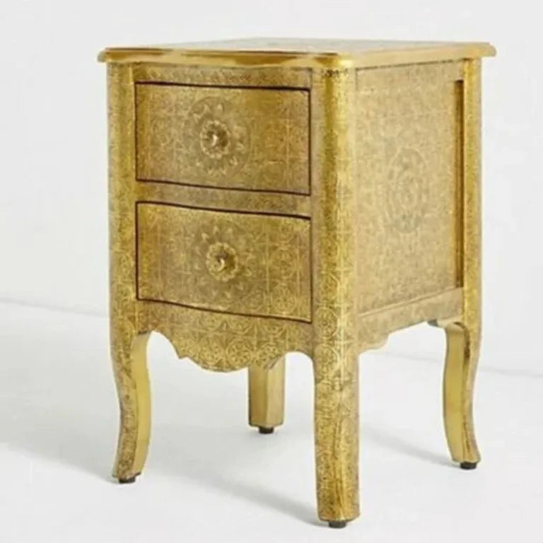 Handmade embossed brass cladding nightstand side view