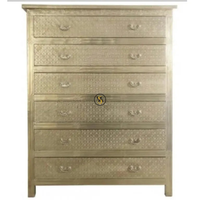 Front view of 6 Drawer Dresser Tall in embossed white metal finish