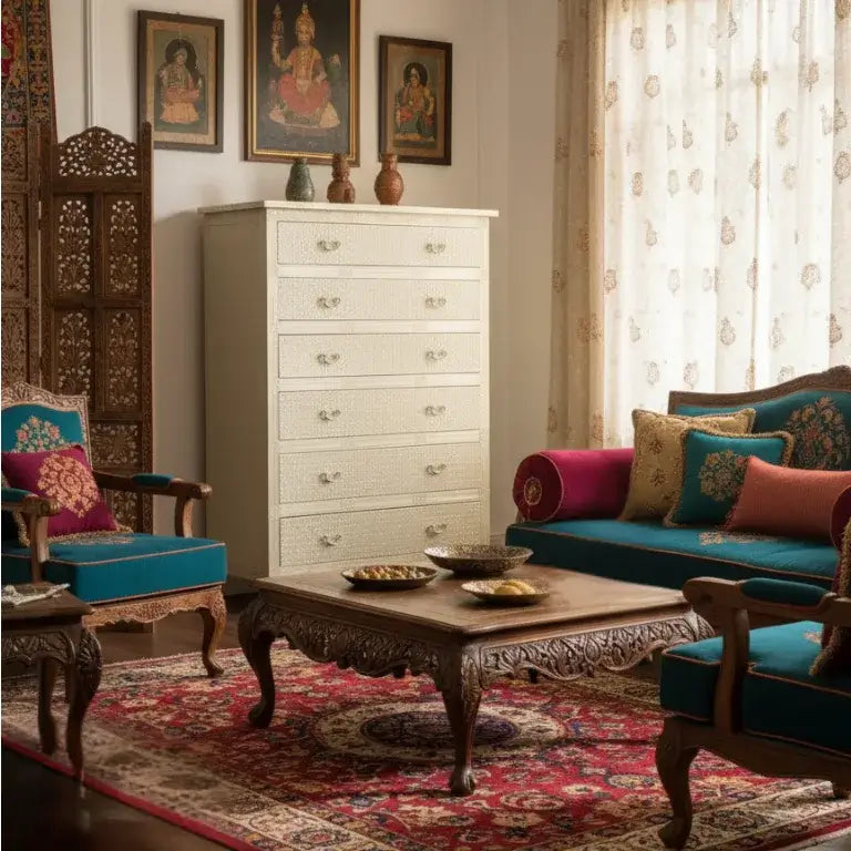 Living room with traditional furniture and decor, including a embossed white metal chest of drawers, sofa, and chairs.