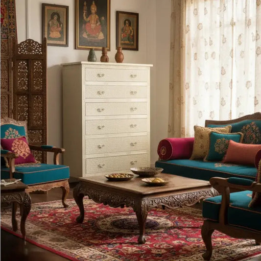 Living room with traditional furniture and decor, including a embossed white metal chest of drawers, sofa, and chairs.