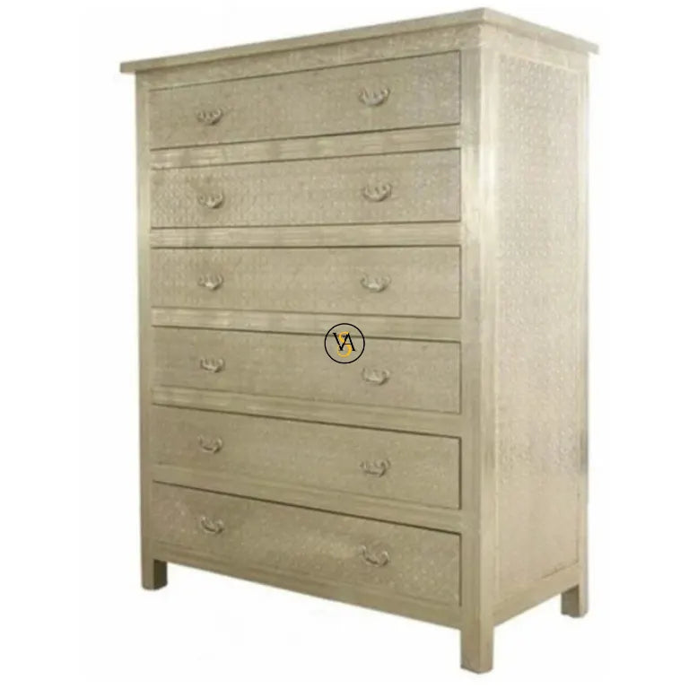 Side view of Embossed White Metal Tall Chest of Drawers showing detailed craftsmanship