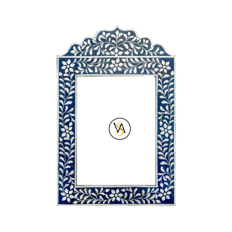 Unique Blue Bone Inlay Mirror - Floral & Jharokha Design