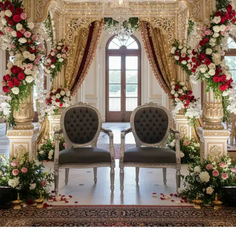 Decorative setup with Pair of French style German silver chairs for wedding décor in a grand room.