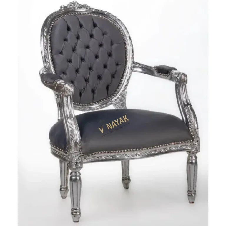 French Style Vintage German Silver Chair with tufted upholstery