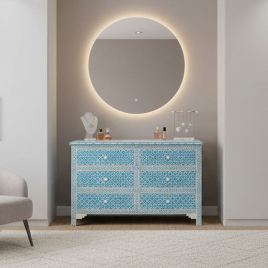Geometric Design Bone Inlay Blue Chest Dresser with round mirror in a modern room