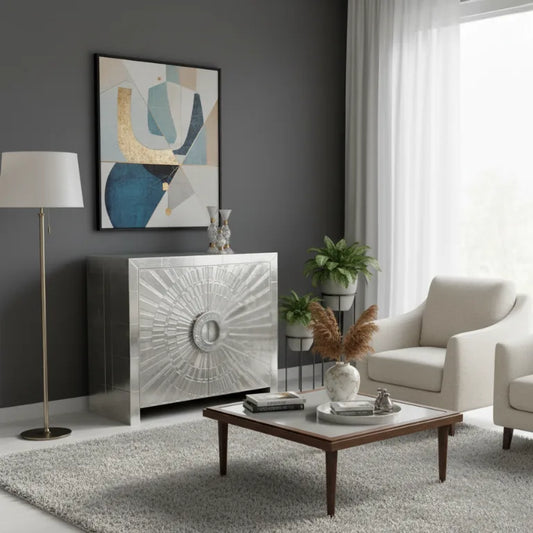 Handcrafted German Silver Carved Sideboard in modern living room