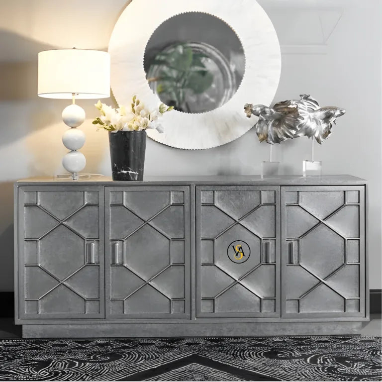 German Silver Sideboard Cabinet with embossed design with decorative items 