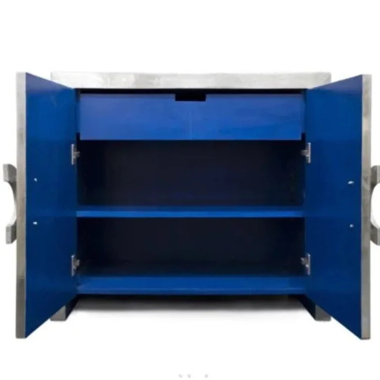 Inside view of German Silver Sideboard with drawers and shelves Blue with open doors on a white background