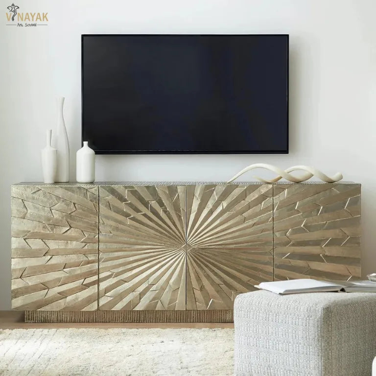 Modern living room with a german silver cabinet, TV, and decor items.