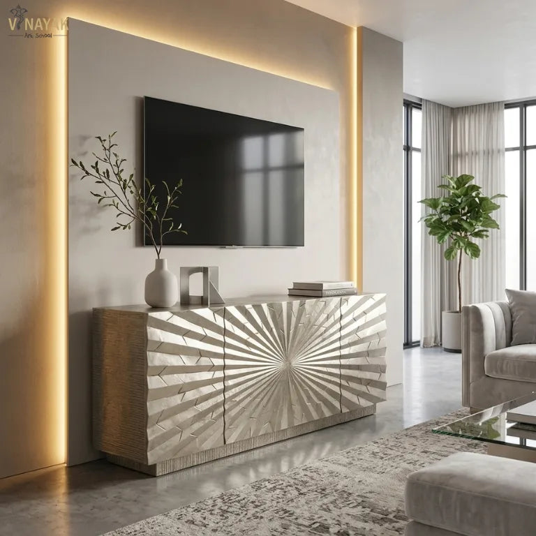 Luxury German Silver TV Console with sunburst design in modern living room, handmade media TV console with storage