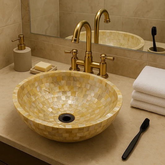 A hand-crafted golden mother of pearl wash basin placed on a bathroom counter with a gold faucet, surrounded by towels and a mirror reflecting the sink.