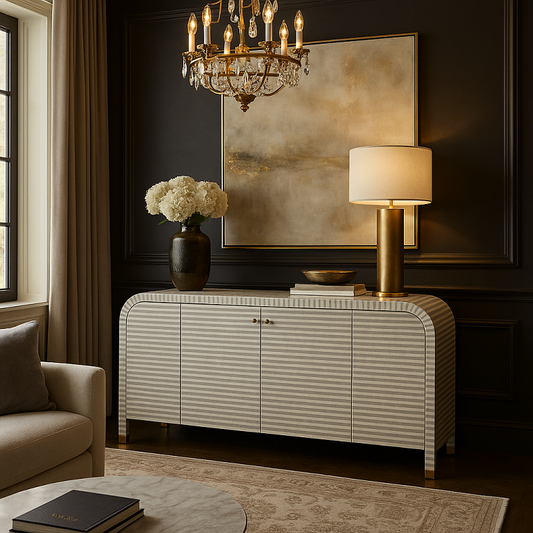 Bone inlay sideboard with striped design placed in a luxurious living room featuring dark walls, a chandelier, and gold decorative accents.