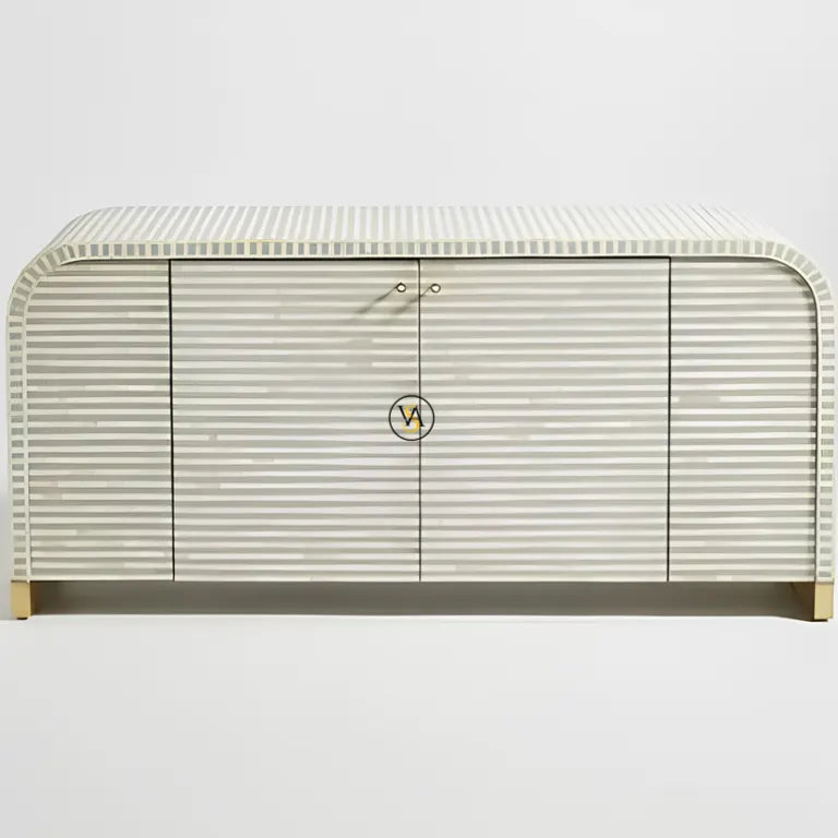 Modern gray bone inlay waterfall buffet with a textured surface on a light gray background