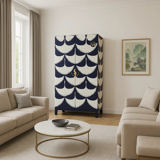 A Bone Inlay Bird Pattern Two Door Almirah with a white and blue geometric bird pattern, placed in a living room setting.