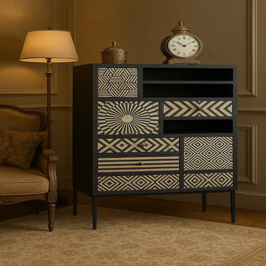 Black wood cabinet with multi-drawer bone inlay patterns