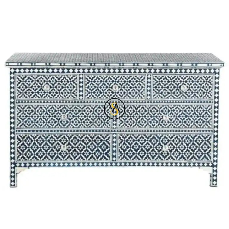Handmade Bone Inlay Furniture – 7 Drawer Navy Dresser