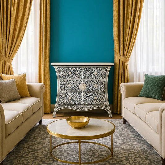 A decorative embossed chest of drawers with a floral bone inlay design, accompanied by a marble table top, situated in a room with beige and gold color scheme.