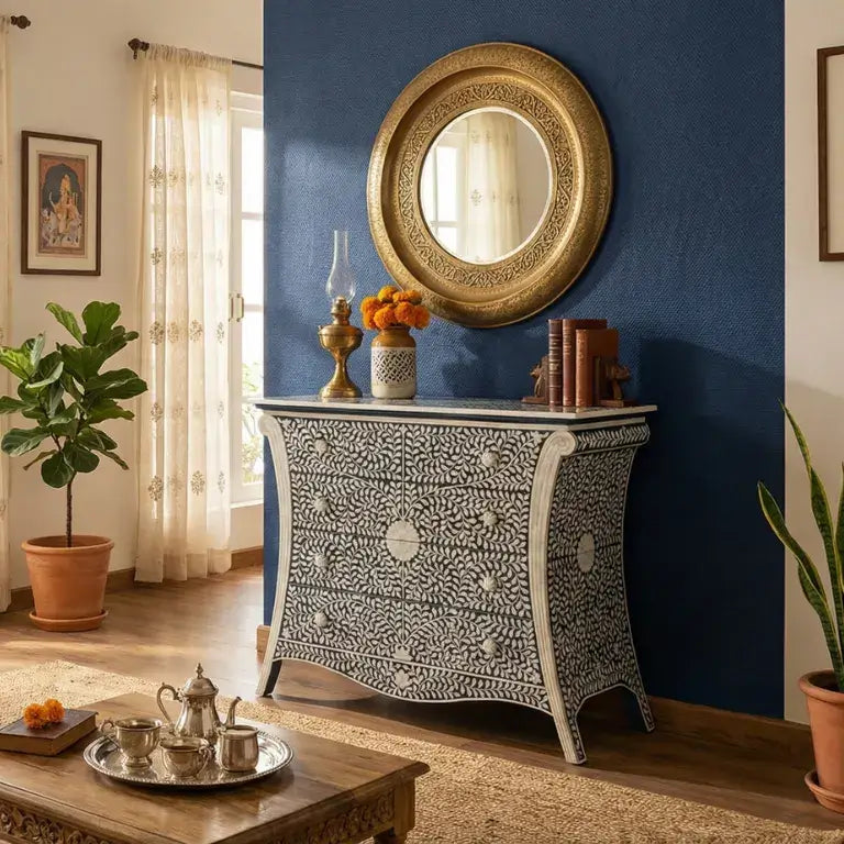 A decorative embossed chest of drawers with a floral bone inlay design, accompanied by a marble table top, placed against a blue wall, featuring a round mirror above.